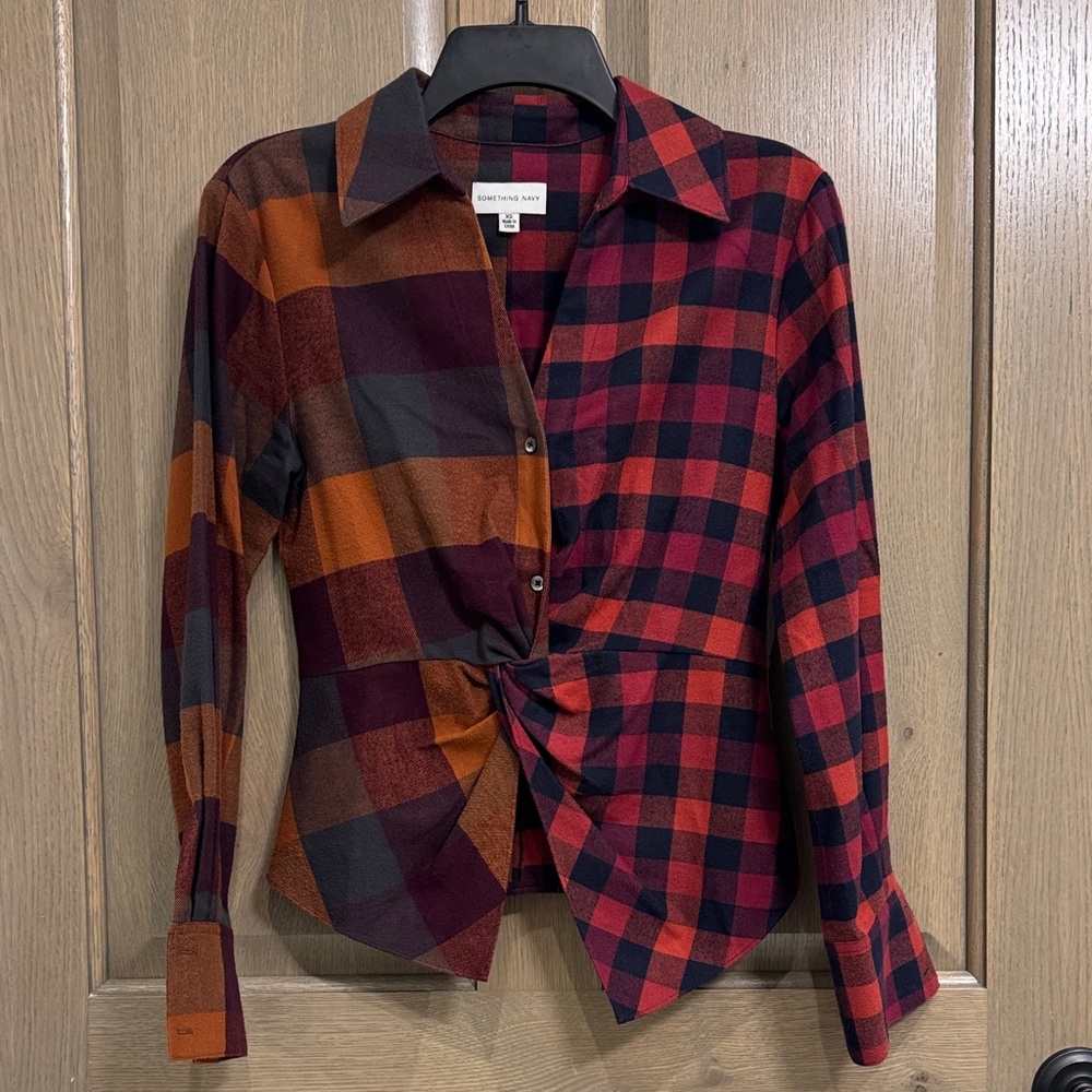 Something Navy Multicolor Plaid Flannel Button Down Shirt